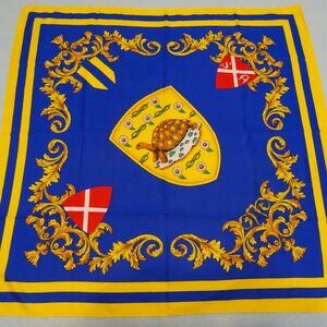 Vintage ADF Made in Italy Blue & Yellow Tortoise Crest Ladies Scarf 30x30 Excl